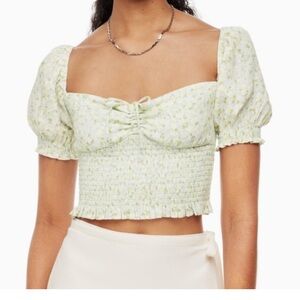 Aritzia Green Puff Sleeve Smocked Blouse